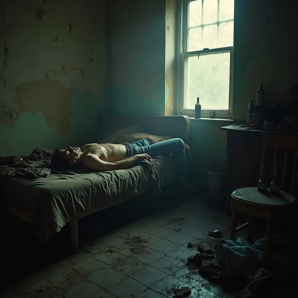 Someone in a gritty looking room however does not care about being late for work. He does not care about what his boss thinks of him. He does not care about anything.