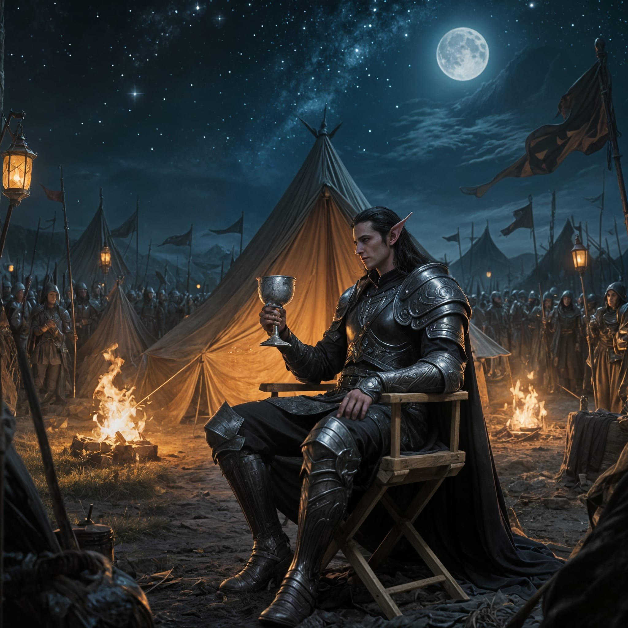 After two nights and two days of fighting, both armies had temporarily retreated to recuperate. Eryndor was enjoying a cup of wine in front of his command tent before he would go to sleep.