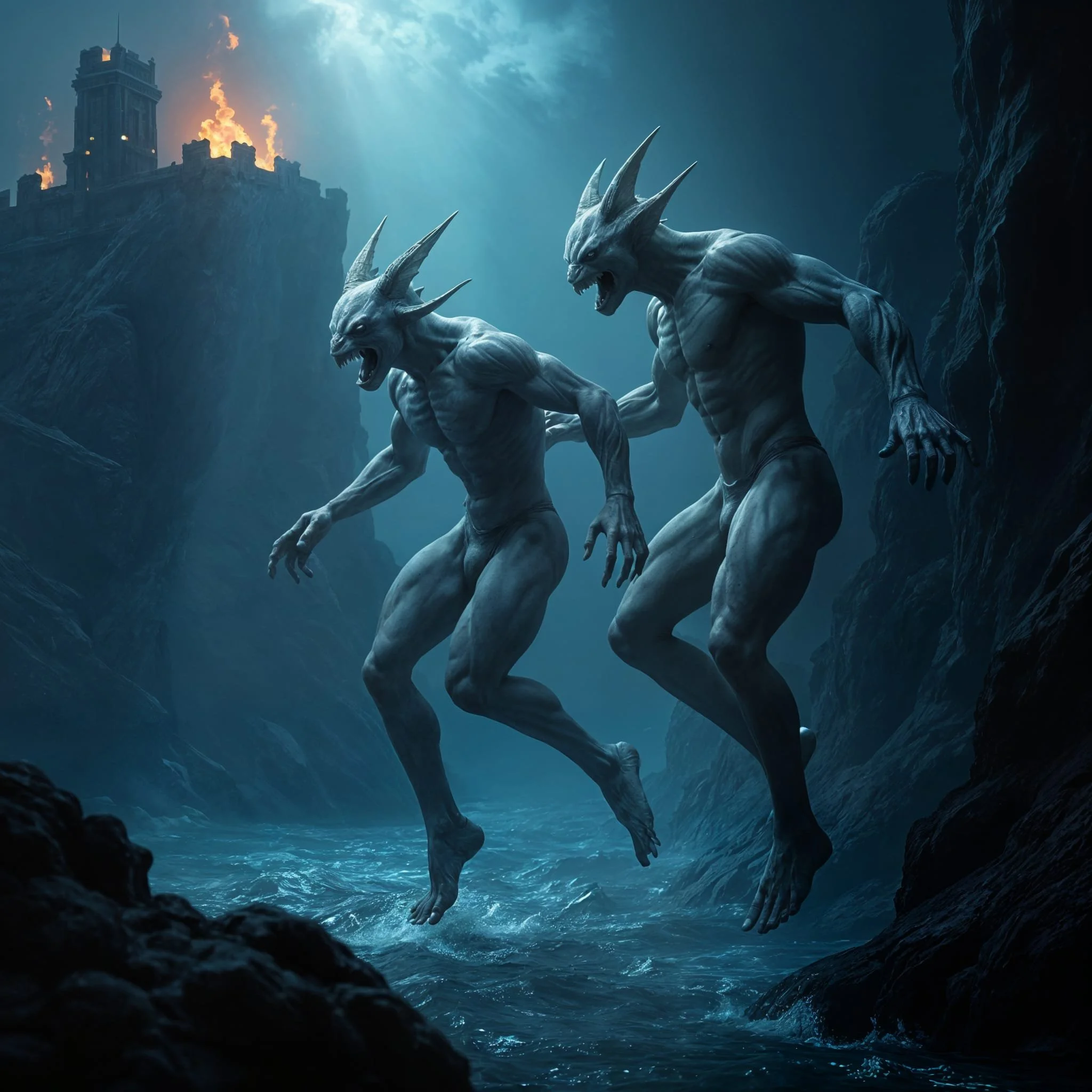 Neo Palon's plan worked perfectly. Within 24 hours of his triceratops attack, he had set the fortress ablaze and sent his opponents fleeing. The mermen jumped back into the sea in panic.