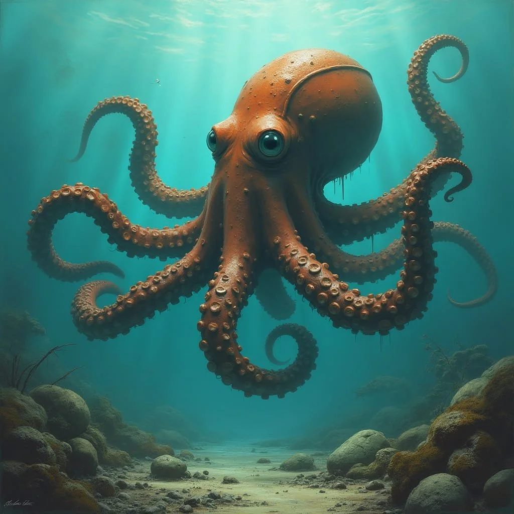From within the submarine Maximilian can see a massive red octopus approaching.