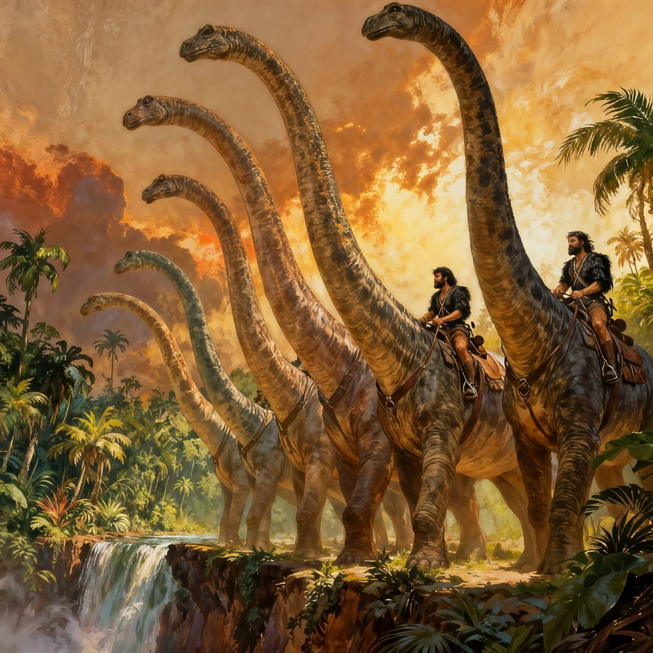 Half a dozens of Diplodocuses were standing at the border of the lake, with on their back rugged men with beards. 