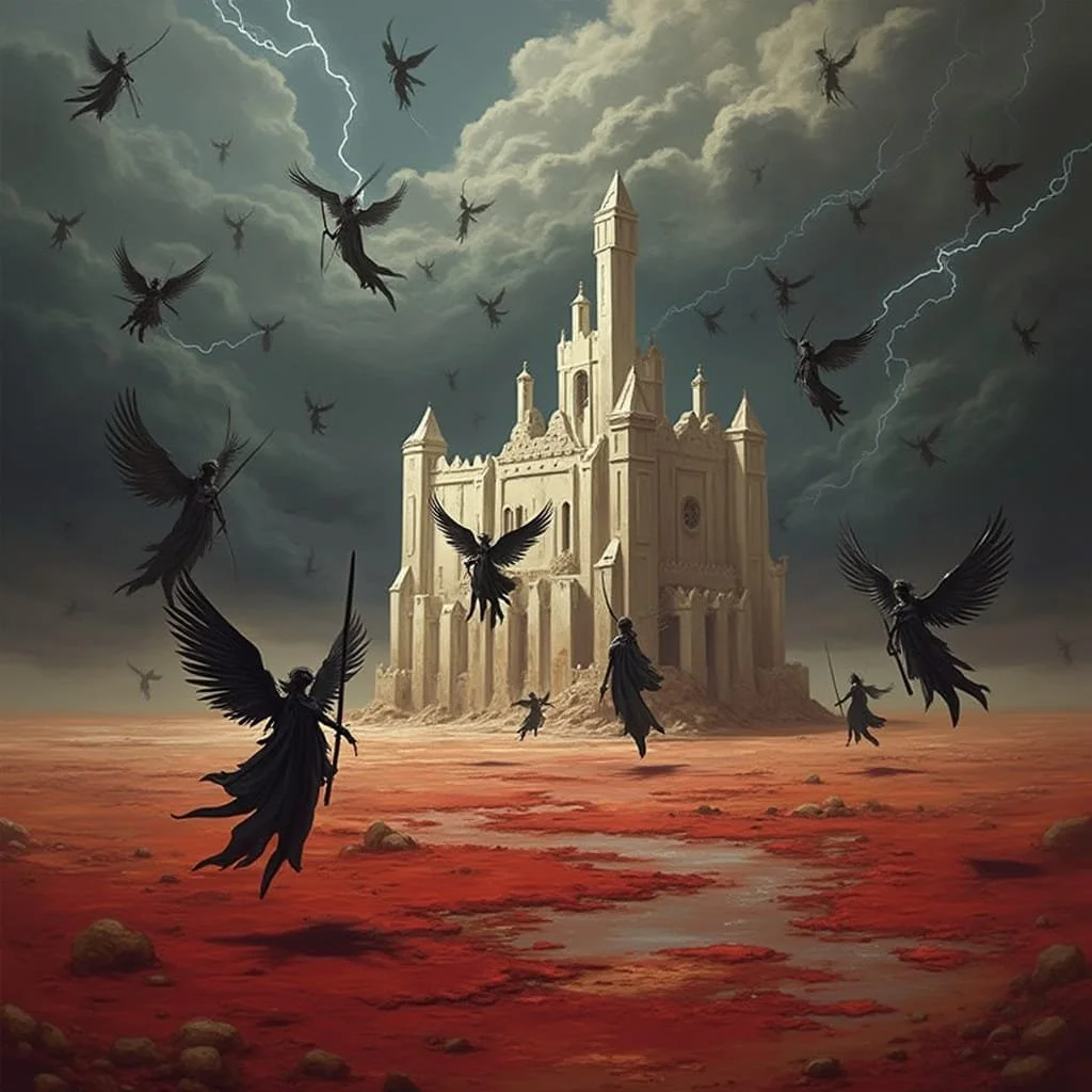A whirling sound deafens everybody in the palace as the Angels overwhelm the plains like locusts.