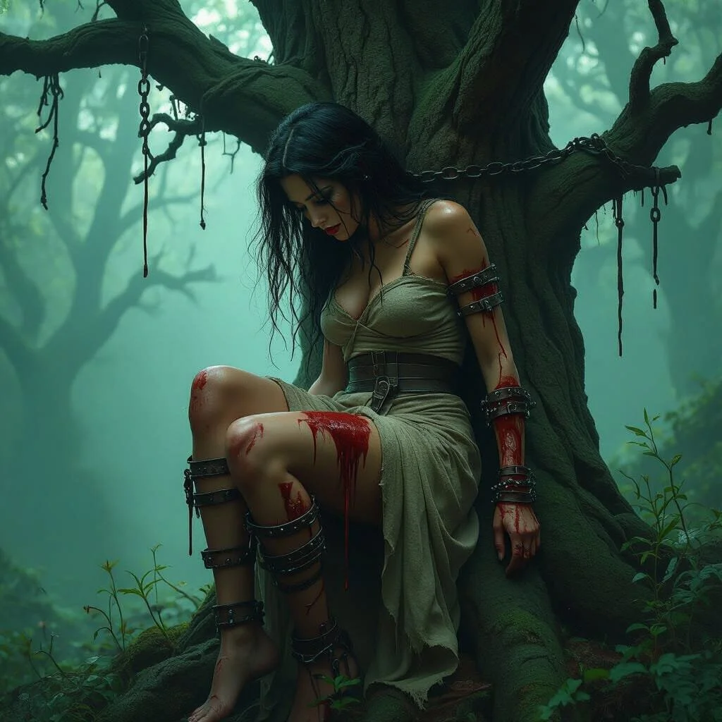 At the following turn Mac is so shocked he at first does not want to believe what he is seeing. An Angel, heavily bleeding, in broken shackles and tied to a tree.