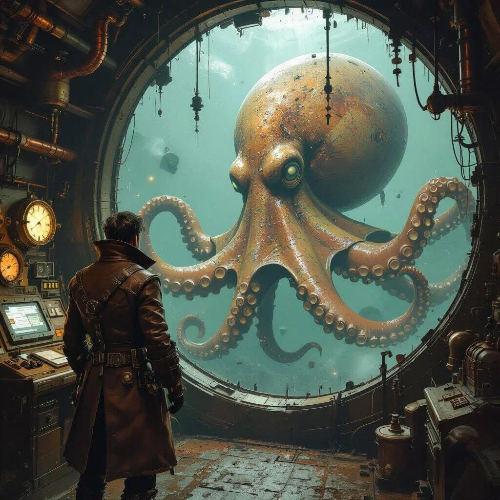 Once it reaches the submarine it stops and it seems like it is watching Maximilian. Maximilian hears a voice he knows too well:"Don't provoke him, Don't attack him. And definitely don't kill him. It's an old creature. Centuries old."