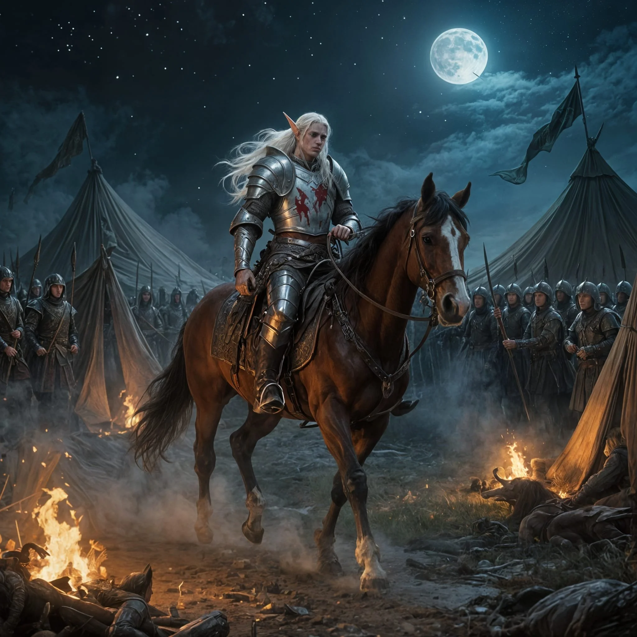 The rider who had survived a confrontation with the Gorgons arrived at the edge of the camp, where he was being observed by hundreds of soldiers. There was a silence and tension in the air.