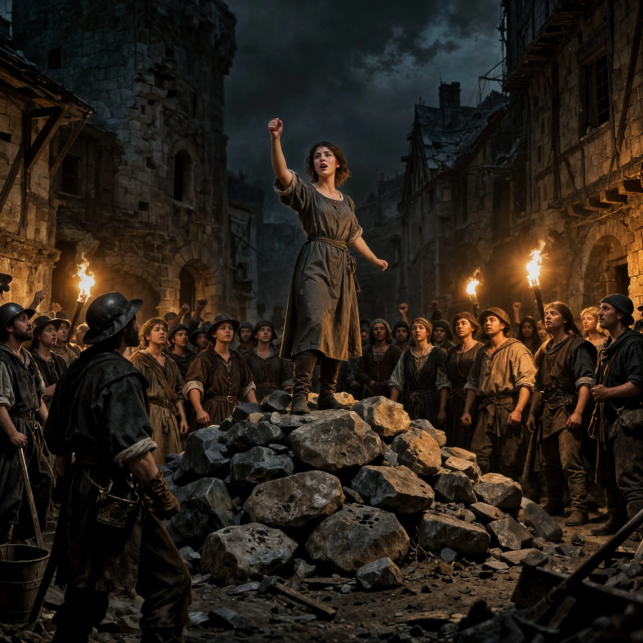 Among the houses destroyed by the minotaurs, a woman stood, stirring up the crowd. "The oppressors are dead. We are finally free." When someone asked her name, she hesitated: "My slave name no longer matters. From now on, I'm Liberty." Two men shoute