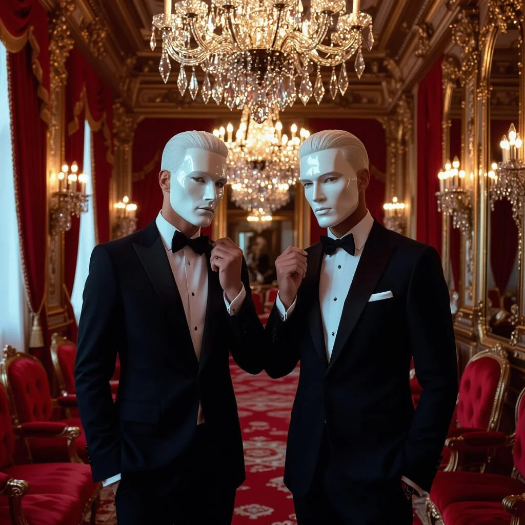 Both men laugh, grab something under their chin and their faces start changing, first in in a static sort of mask with white faces and white hair.