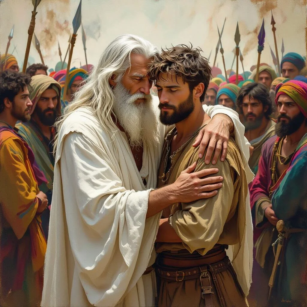 Without paying attention to the crowd he walks briskly to Mac and embraces him. "You have really stirred it up now, my son."