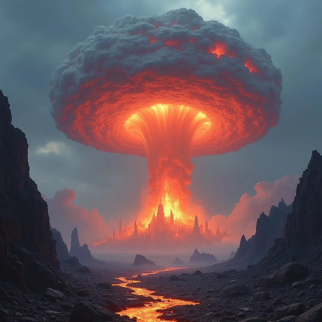 A nuclear mushroom cloud appears on the horizon. Underneath the citadel of the Angels crumbles like a sandcastle on the beach.