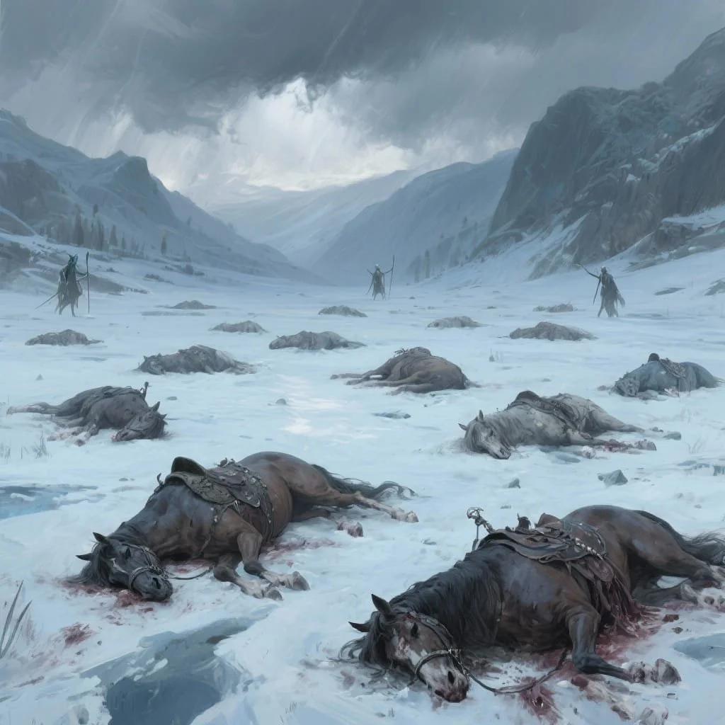 In no time, the small battlefield was strewn with dead horses and wandering, insane knights.
