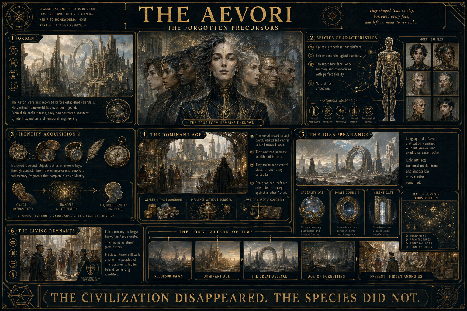 An infographic titled 'The Aeviri: The Forgotten Precursors' depicts the history, characteristics, and mythology of the Aeviri civilization. It includes sections on their origin, species characteristics, identity acquisition, the dominant age, disapp