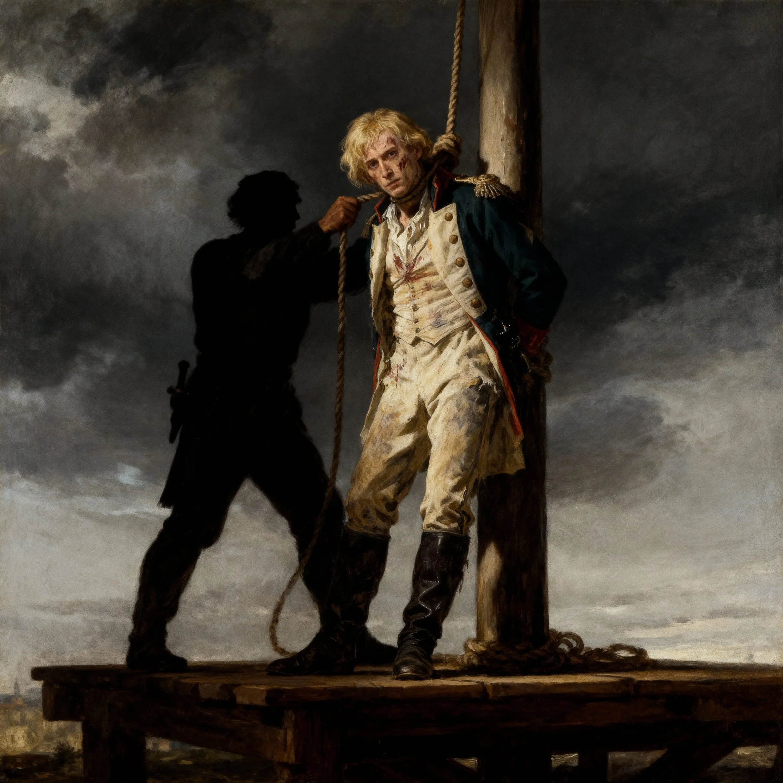 Several weeks later, at the dawn of a dark day, in an anonymous place just outside Babylon, on a hastily erected scaffold, Hippolyte was hanged by a man with no name or face.