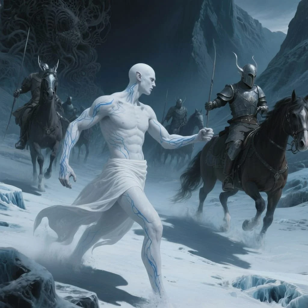 The Elves and their horses were startled and scattered when a naked white giant appeared before them.