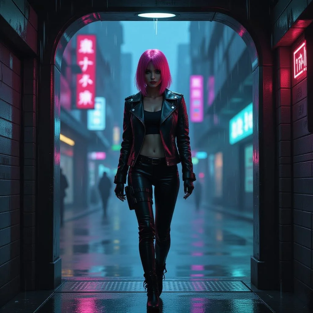 She is all alone when she enters the subway. This is why she likes to go out at night.