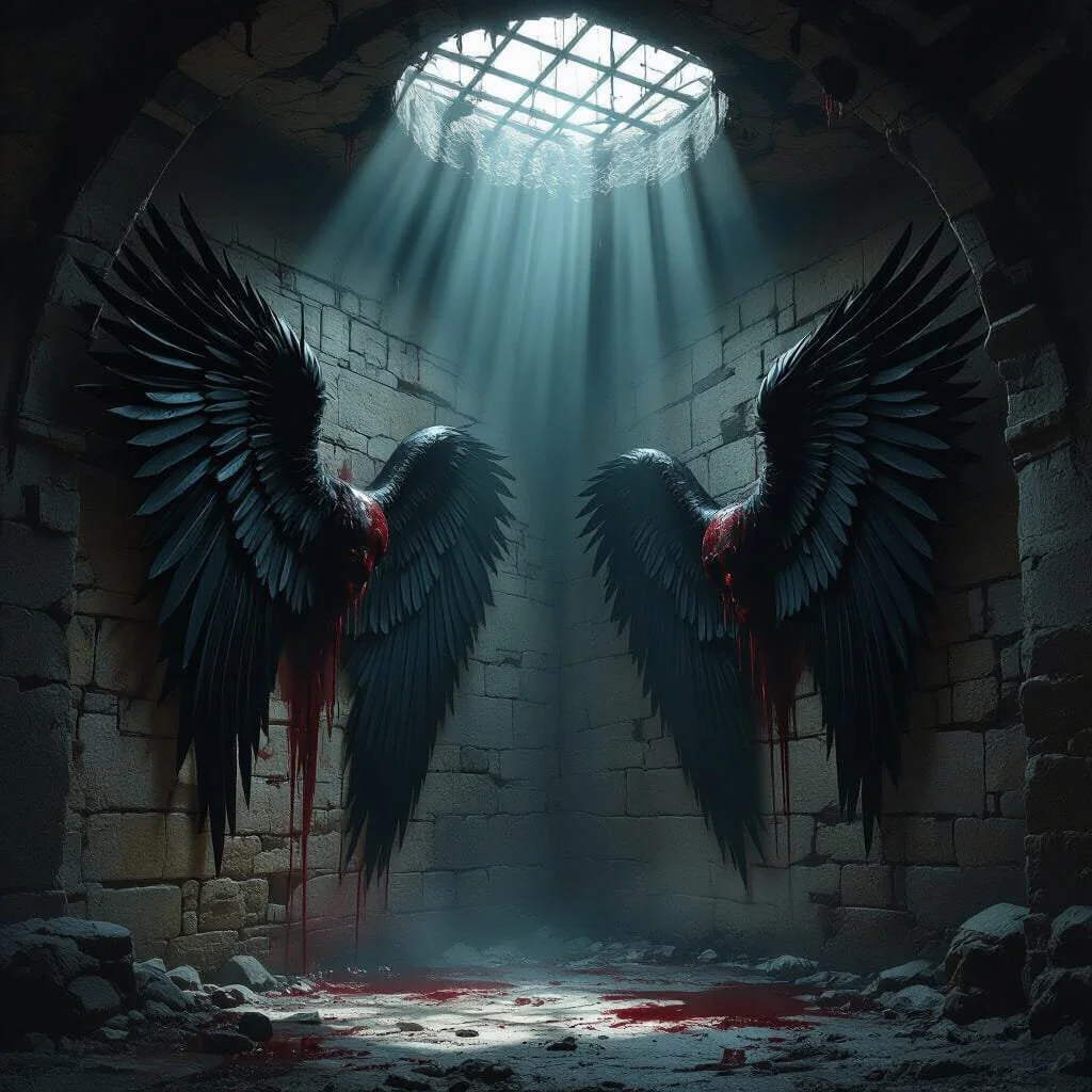 At the end of the prison cell the bloody wings of two Angels are exposed in the light for everyone to see.