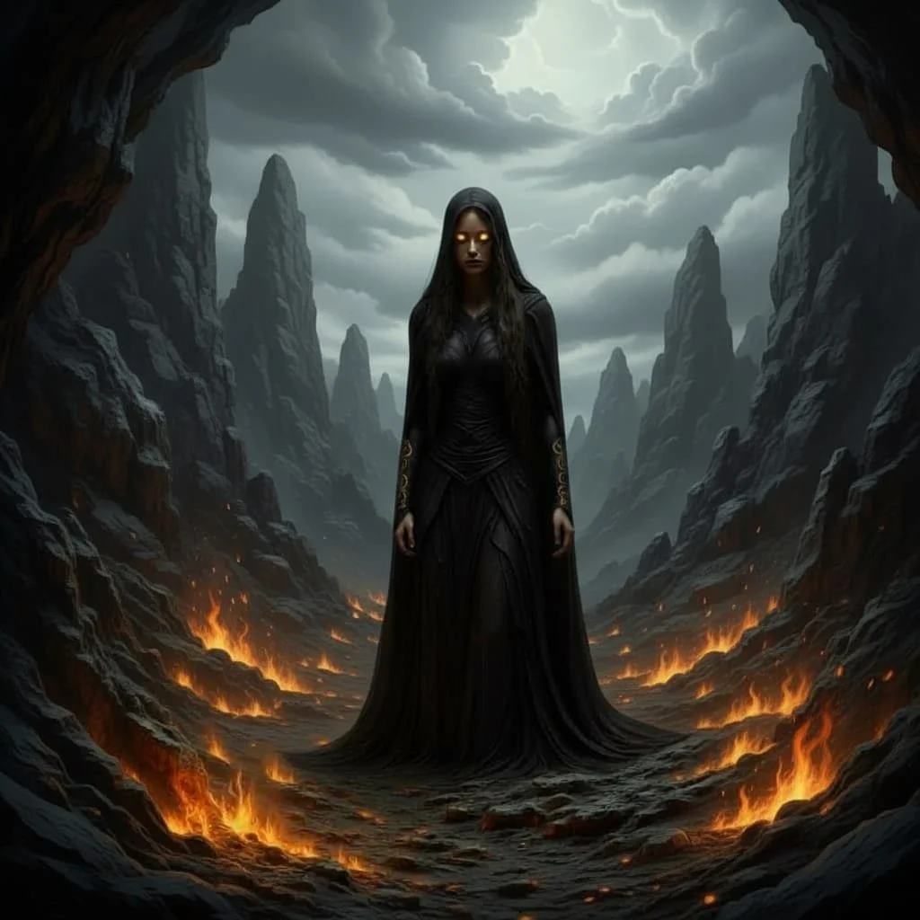 At that moment the figure in front of Faelwyn removed her hood, and to Faelwyn's suprise, it was a woman with long black sleek hair, looking much like Faelwyn herself. "I would do away with that weapon if I were you...look behind you."