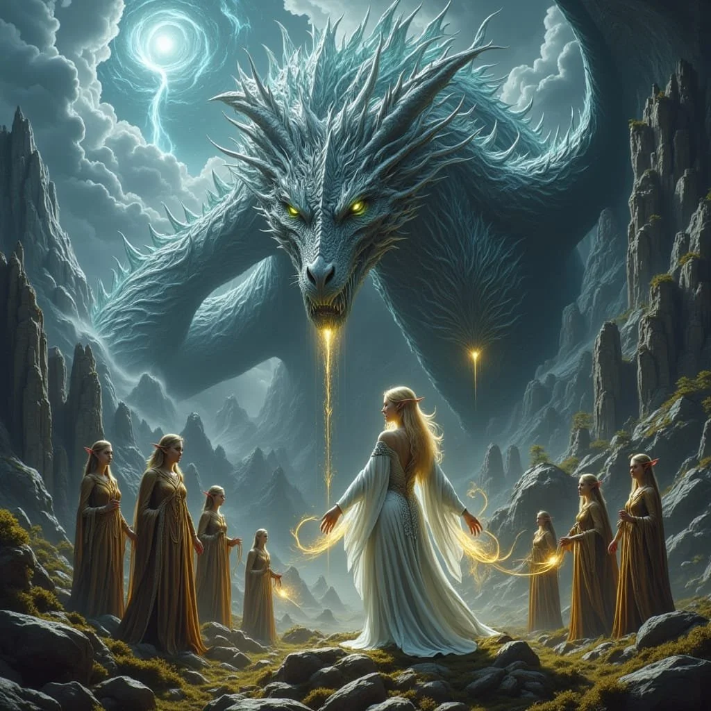 The moment tári steps outside the tent, the environment changes. Black clouds gather and a black darkness surrounds everyone. Tári faces the dragon and asks him if he and Eryndor have bonded.