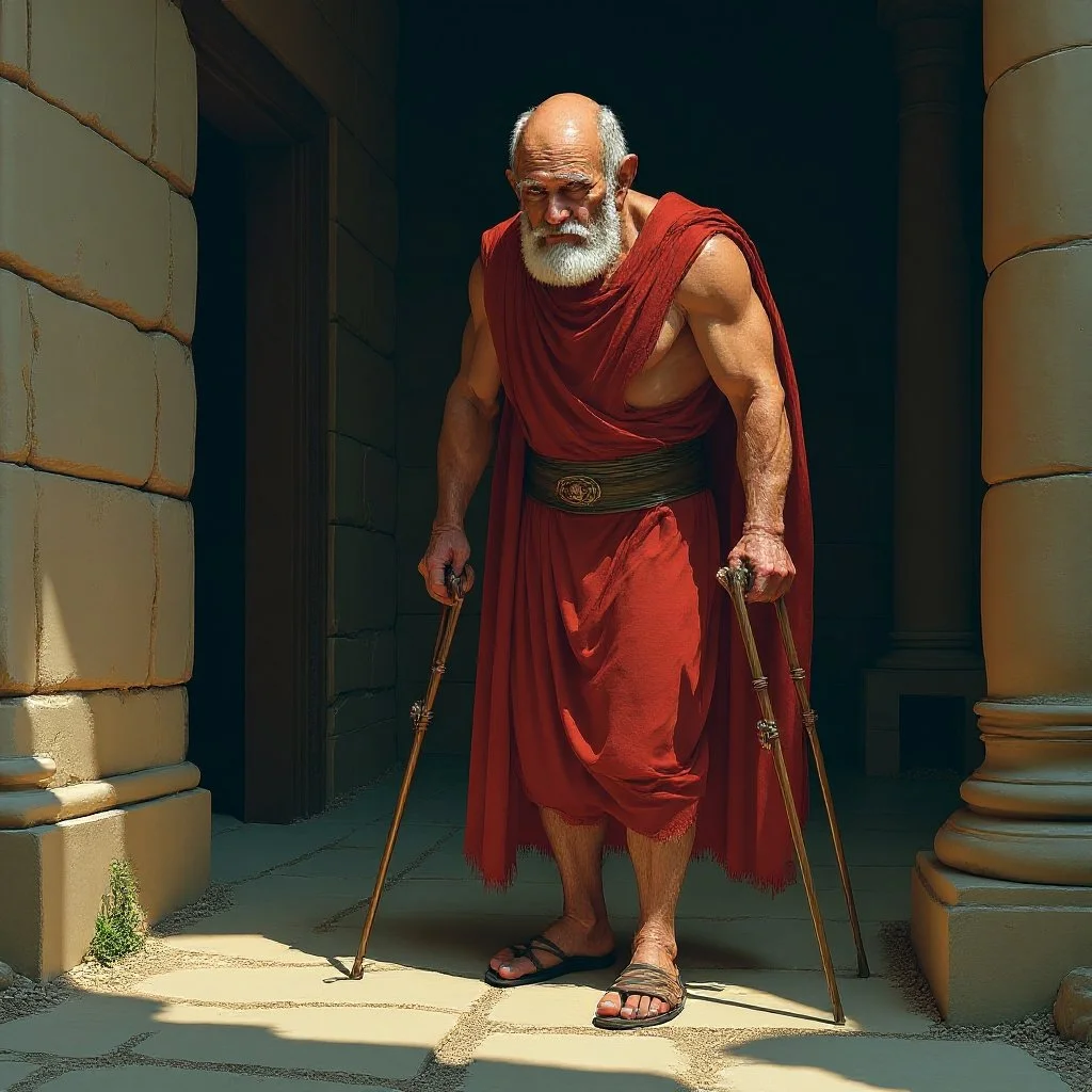 "Now stop fooling around, and follow me." The old man grabs his crutches , pulls himself up and chuckles when he sees Malika's face.