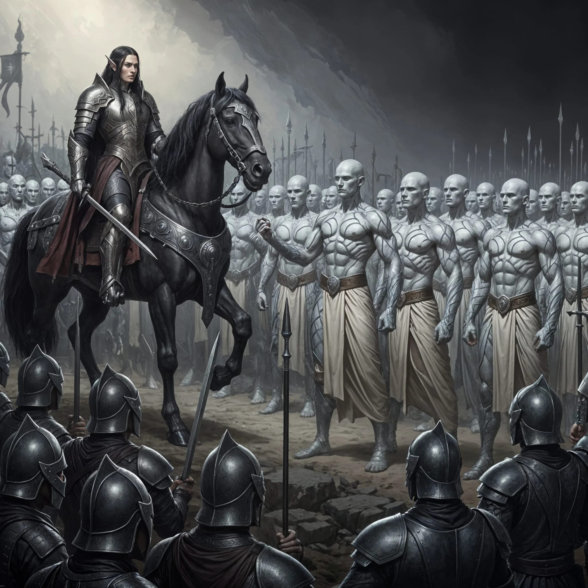 Eryndor mounted his horse and explained the treaty to his soldiers, watched by the white giants.