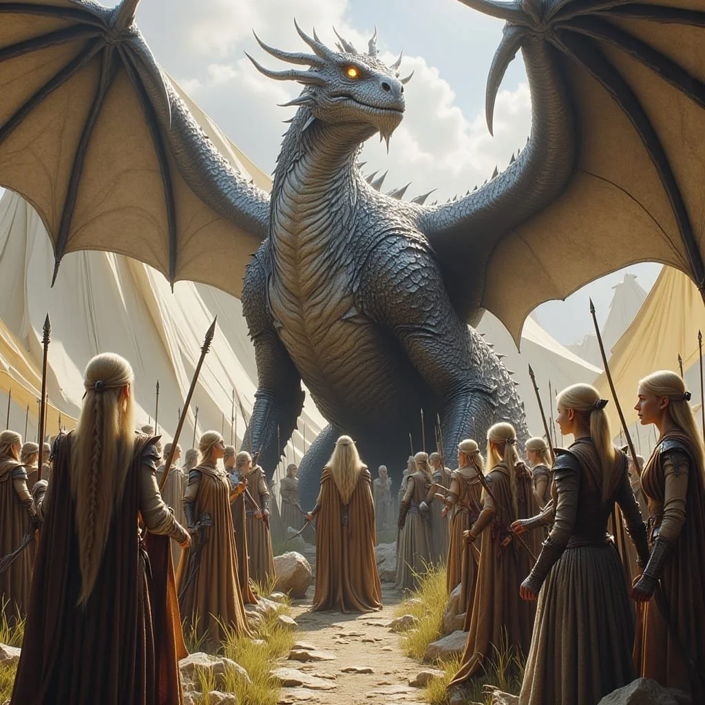 Outside stands a fierce and pride dragon, reluctantly submitting himself to elvish powers.