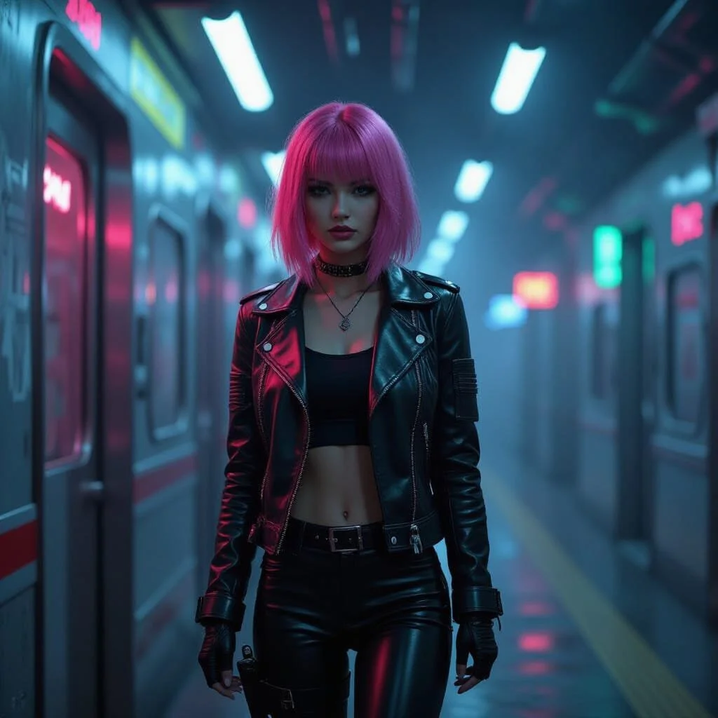 The metro train and platforms are empty. As if they were all built just for her.