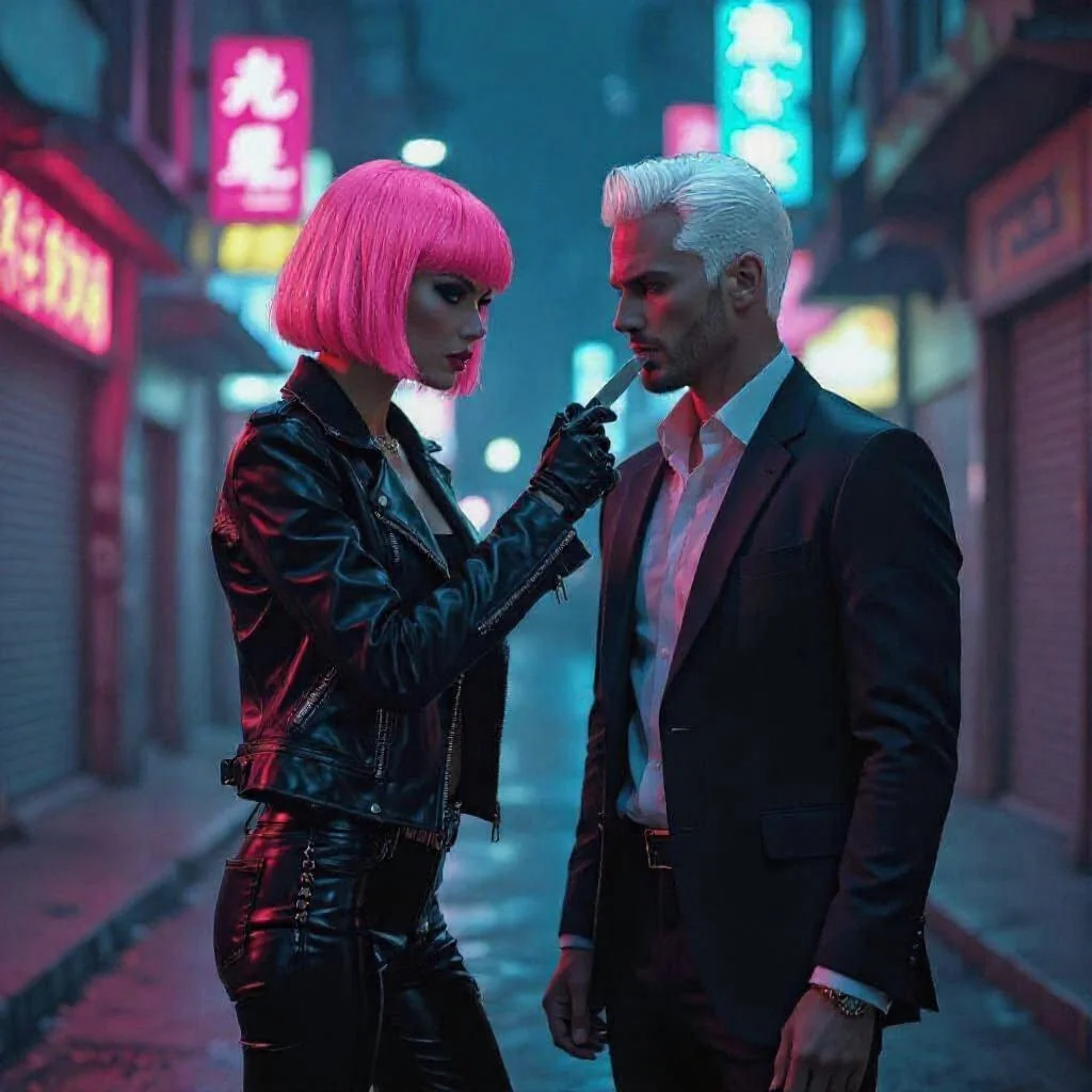 Panel IV - But when she walks into a back alley street and notices that he is still around, she gets a pocket knife and holds it in front of him. "Stop following me, creep. And why do you look so much younger all at once?"