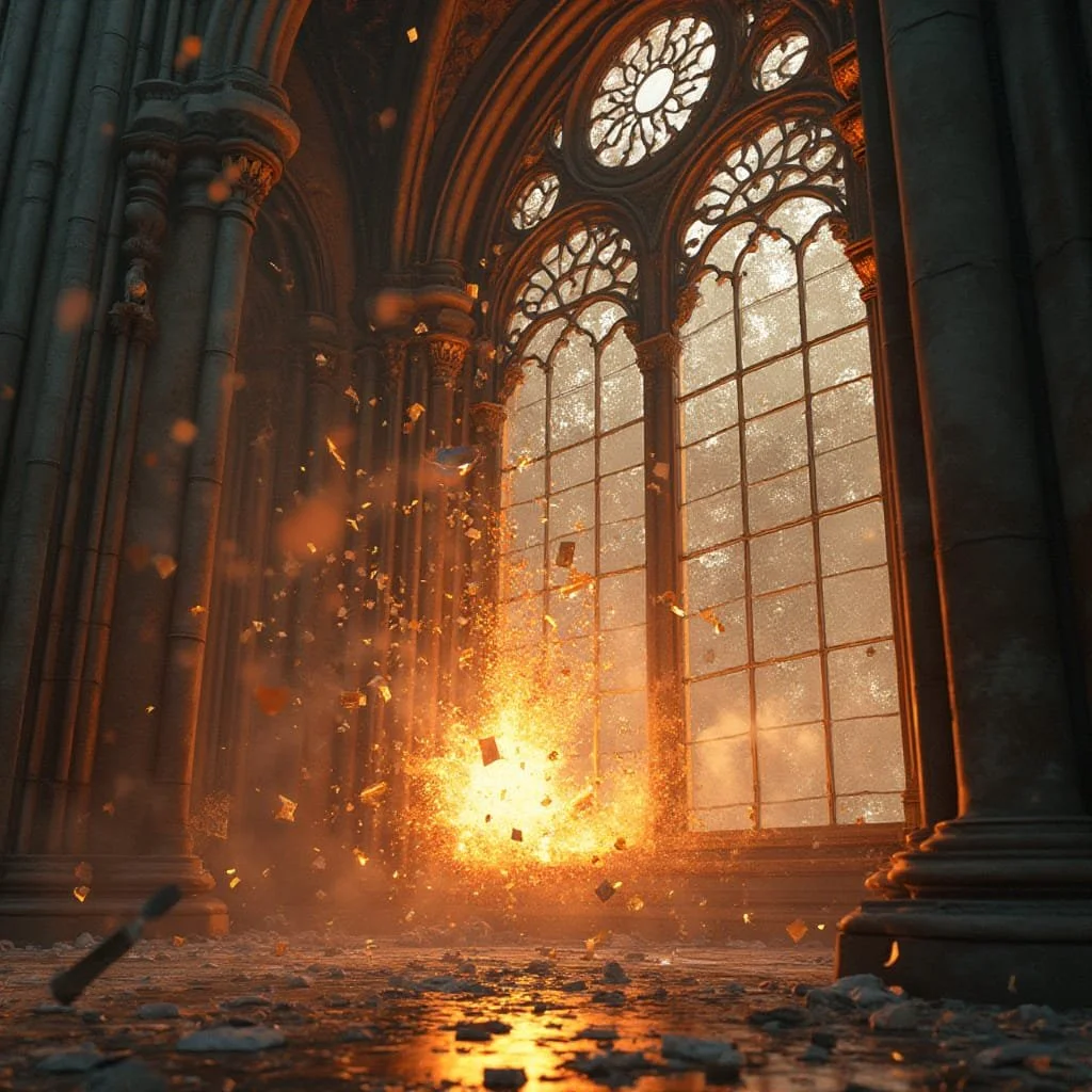 Suddenly, a bing bang is heard and glass is flying all over the place.
