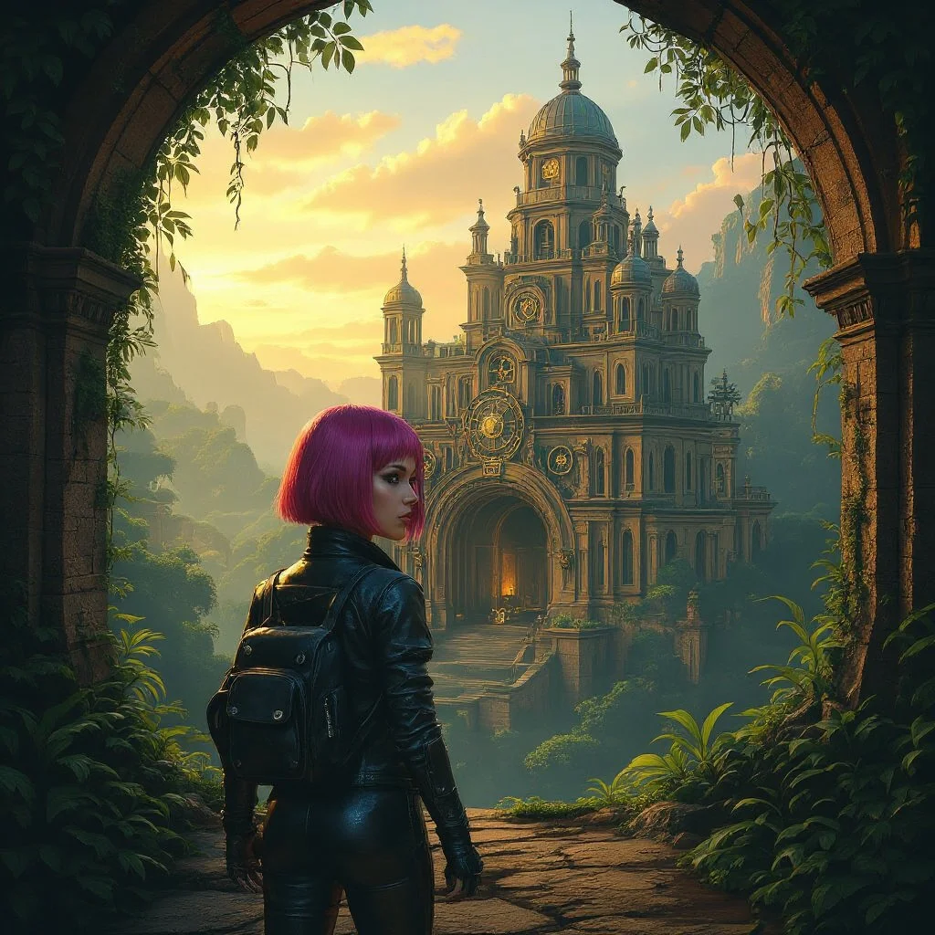 And then, suddenly, there it is. As a complete surprise stands a large steampunk castle, church or whatever it may be right in front of her outside the cave. She looks back to make sure she is not being followed and then walks in.