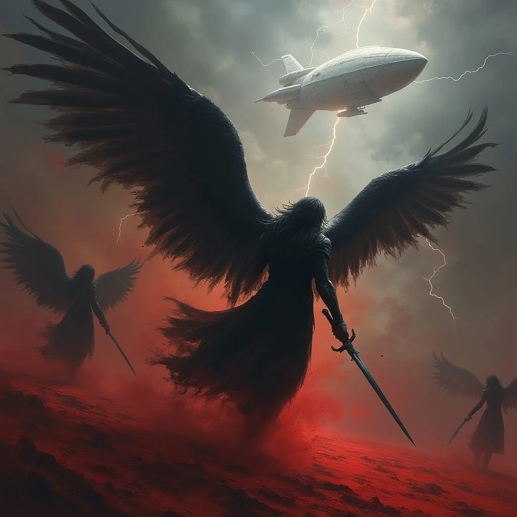 An airship enters the battlefield and omits eye blinding lightnings with rolling thunders.