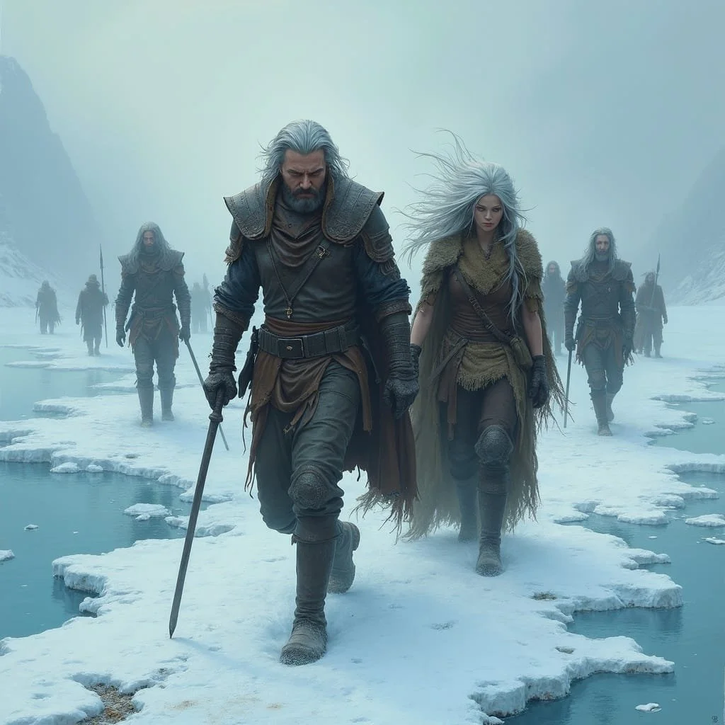 The landscape turned into icy fields and lakes they had to cross....watching out for cracks and wet places under the snow.