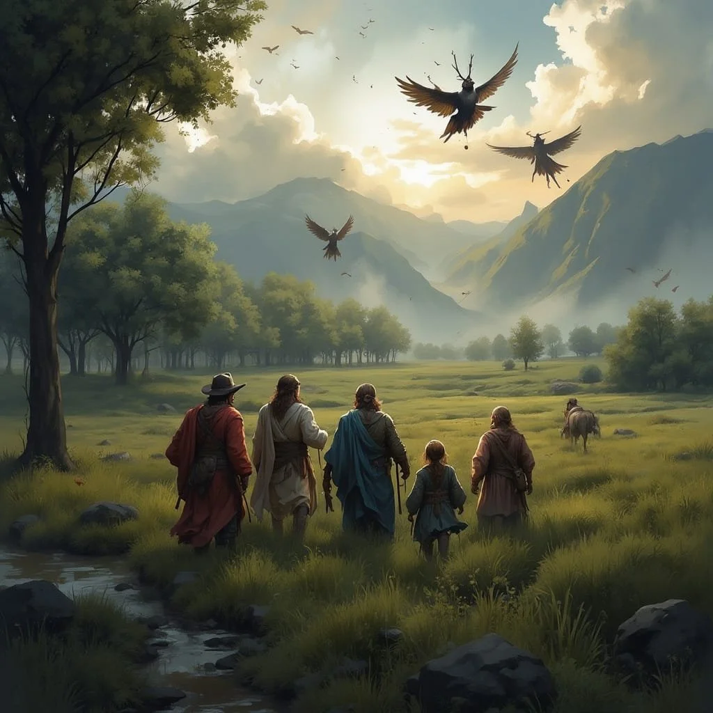 When the clouds over a pastoral landscape open a swarm of Angels fly over making a noise that scared the horse of some people traveling through the fields.