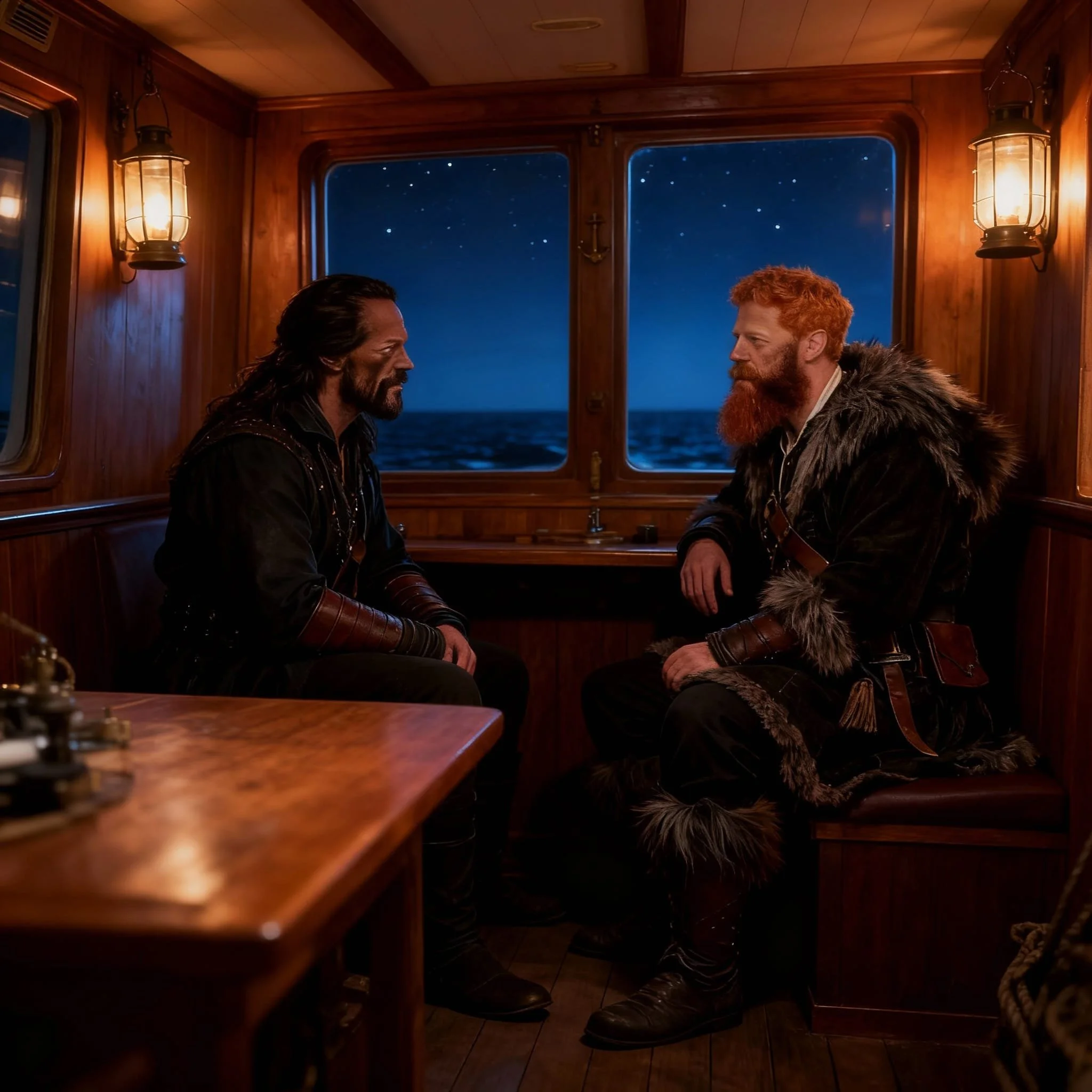 Somewhat later, in the captain's cabin, Murat asked MacDonald to tell him all of his adventures and especially why he wore trousers and where he got that metal construction he arrived in.