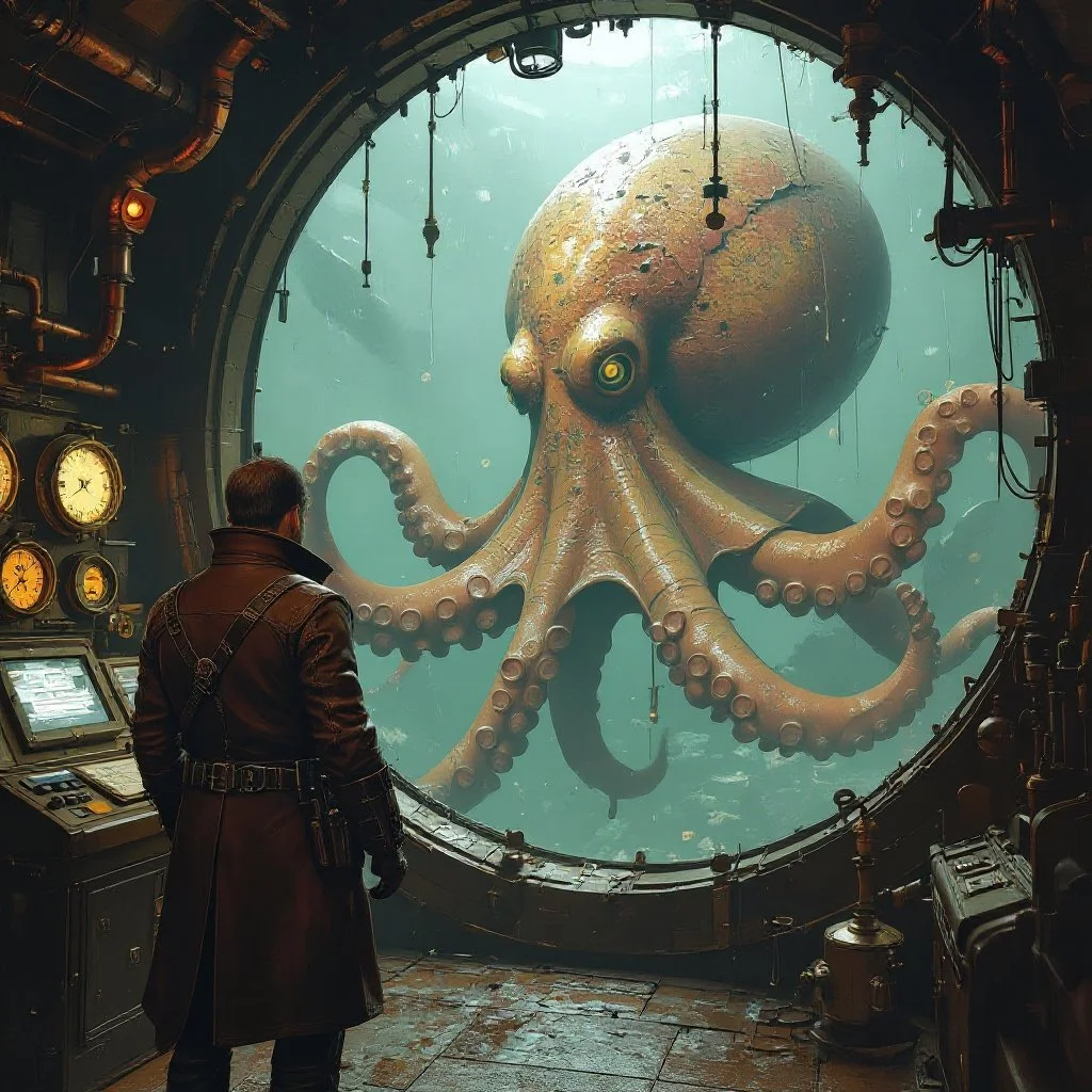 The octopus returns to the window where Maximilian is standing and keeps staring at him.