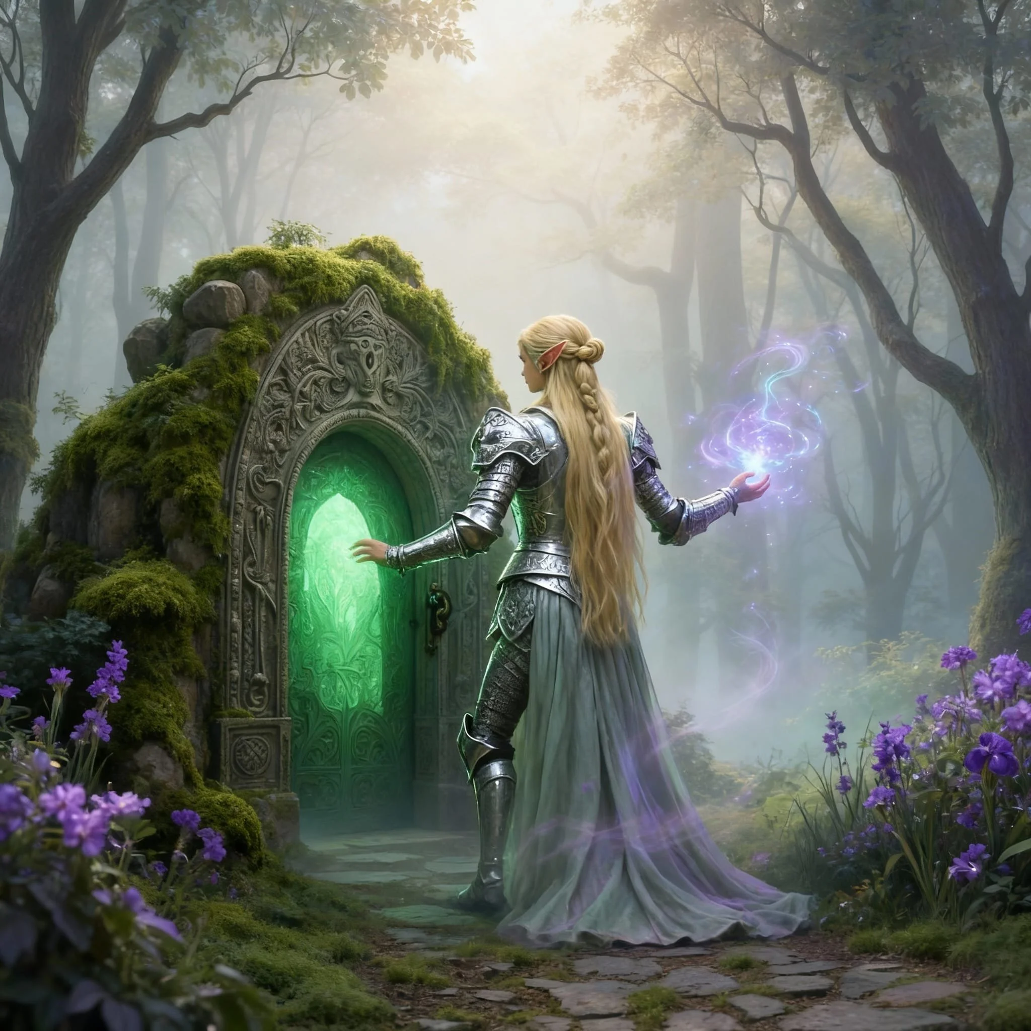
One of the Elves couldn't contain her enthusiasm and immediately attacked the gate with her magic. To no avail. The gate hummed and the light flickered, but the door didn't open.
