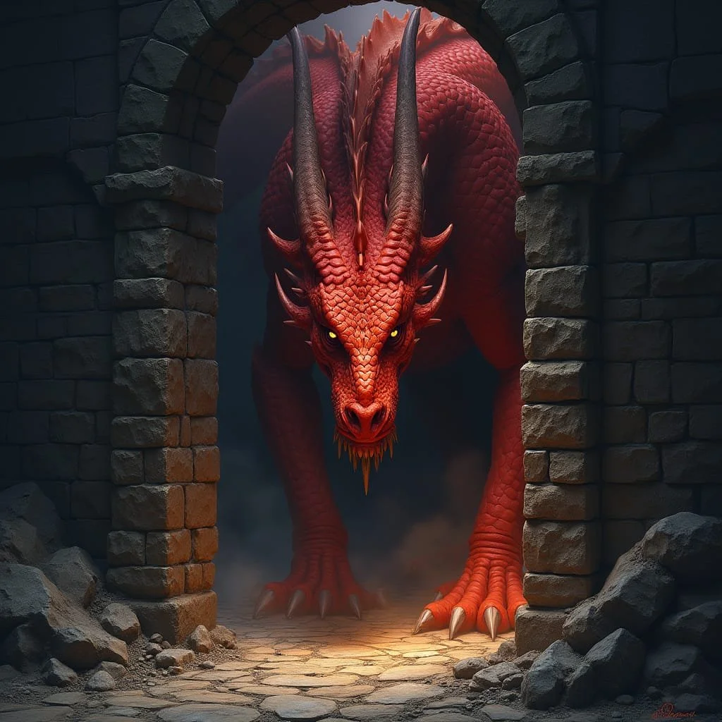 A giant red dragon that must have been around because Malika did not hear it flying over sticks his head through the entrance of the small temple.