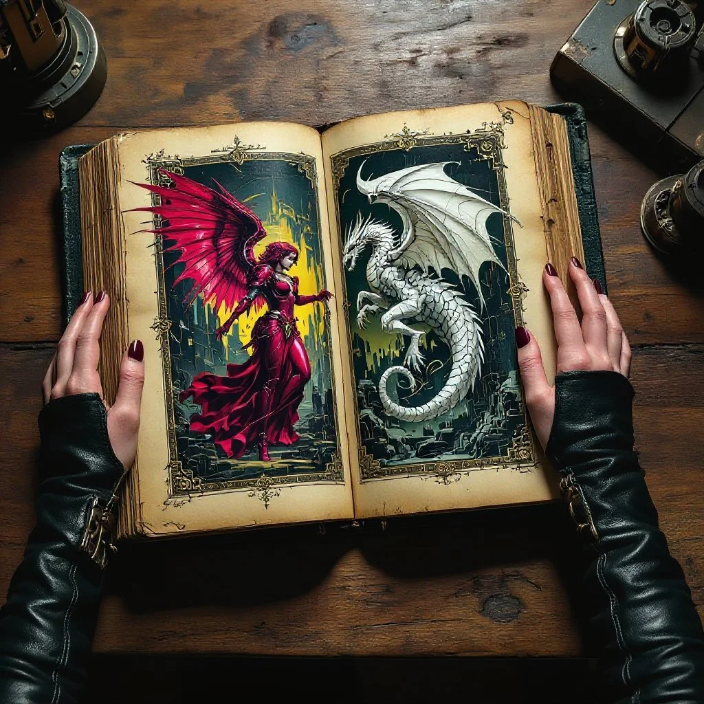 Back at her place, Malika opens the book and the first image she sees is what looks like an epic fight between a red angel and the white dragon.
