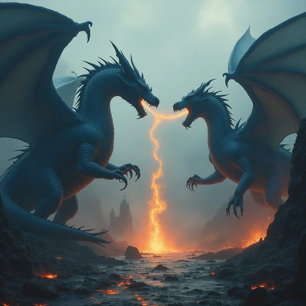He is immediately attacked by the present dragons in a fire against fire, teeth against teeth, and claws against claws battle.