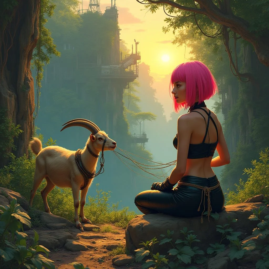 So she takes the goat with her, finds an nice spot in the open, and ties her up.