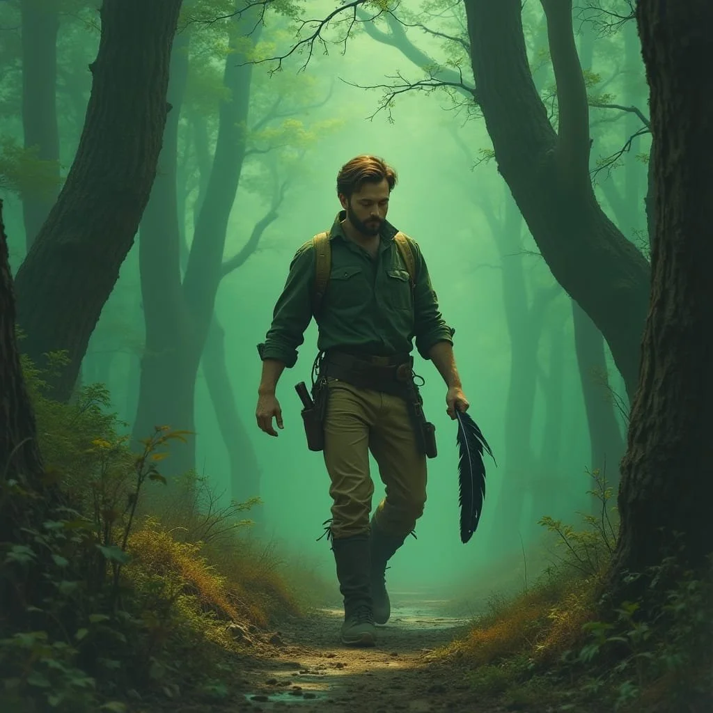 Mac takes the feather with him and follows traces that are leading into the woods. No effort was made whatsoever to hide the tracks.