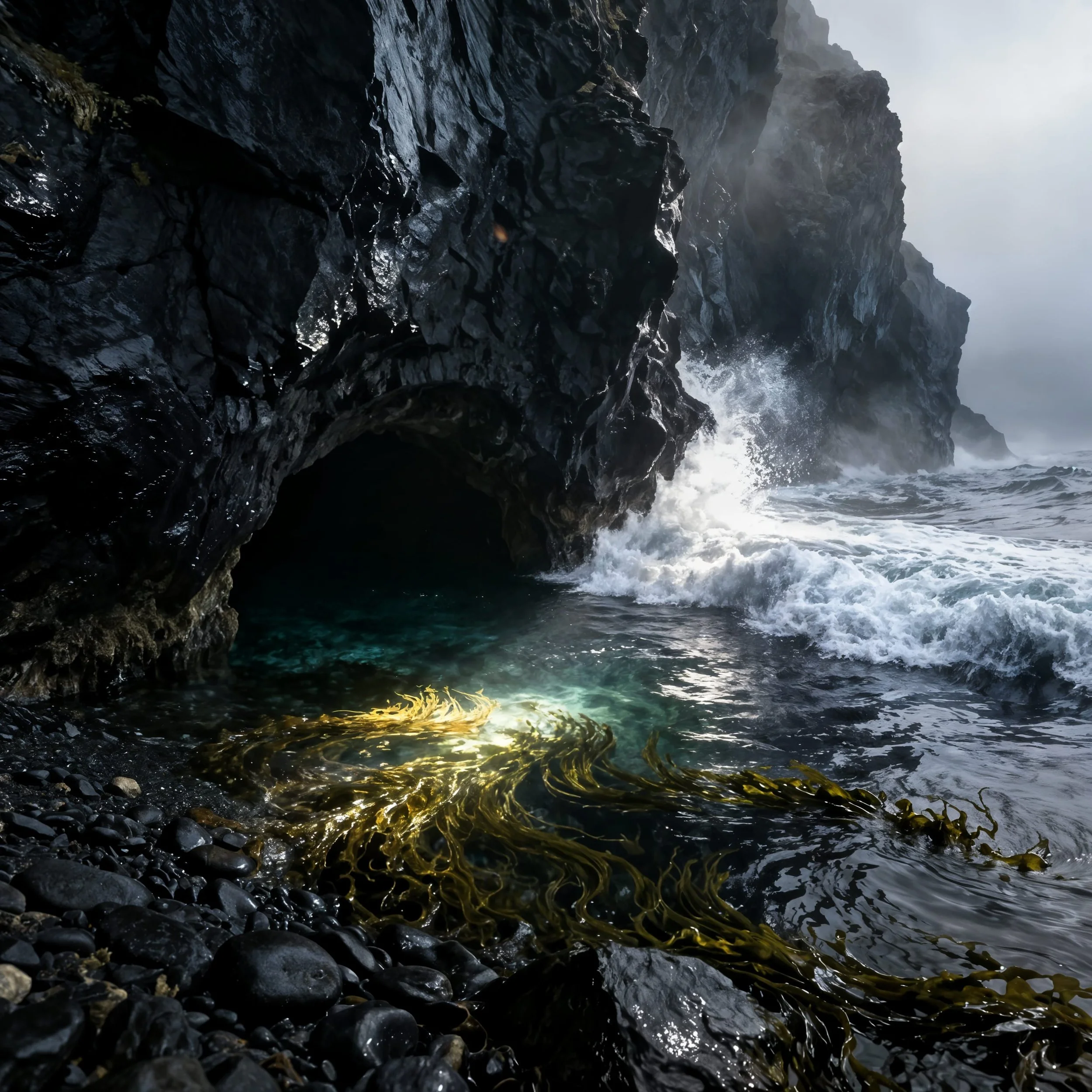 "And what is more, there is a hidden underwater cave somewhere in those black cliffs. And even better, there is a tunnel here leading to that cave....right here underneath the mountains behind us."