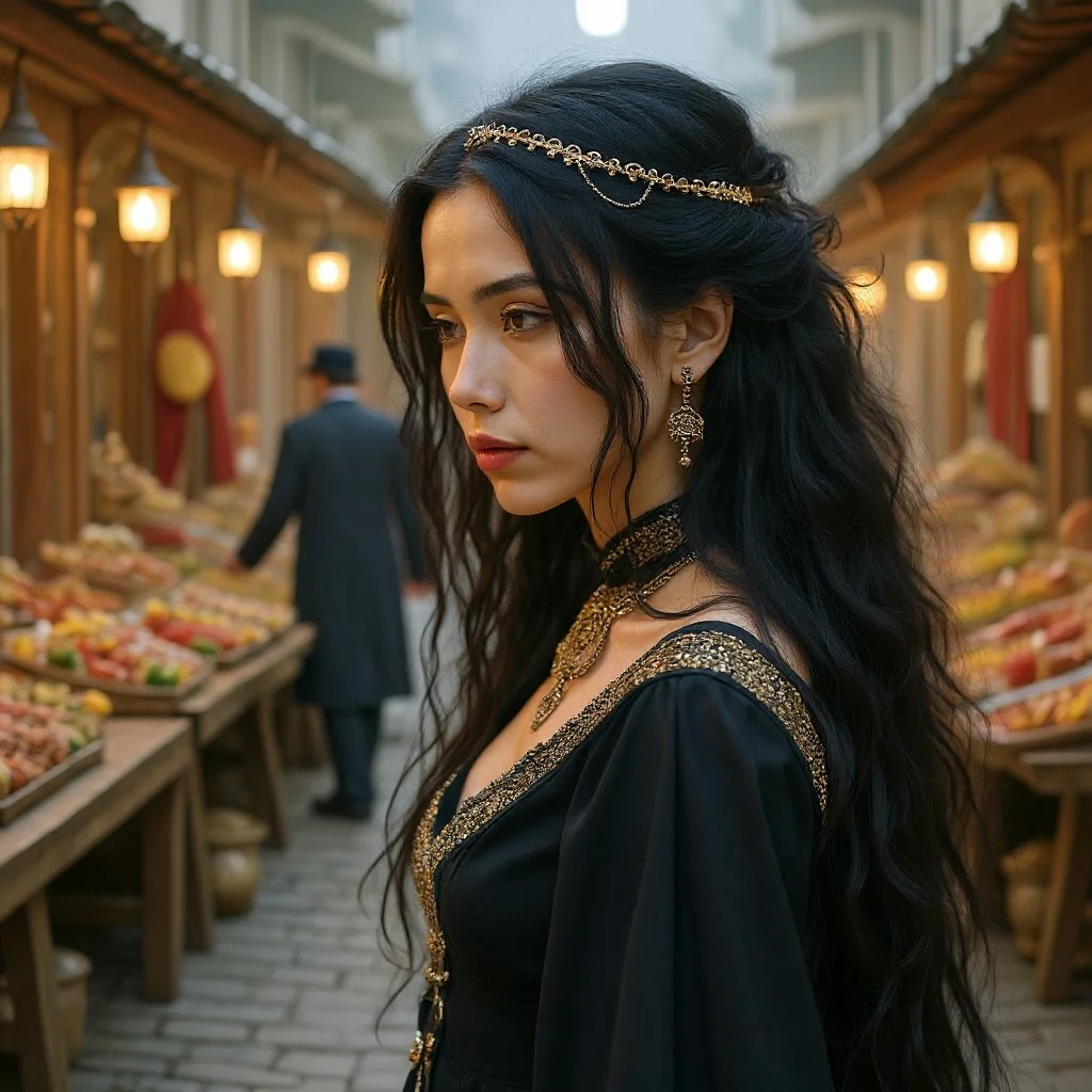 As he strolled between the stalls, he was closely watched by a young woman with a gipsy appearance.