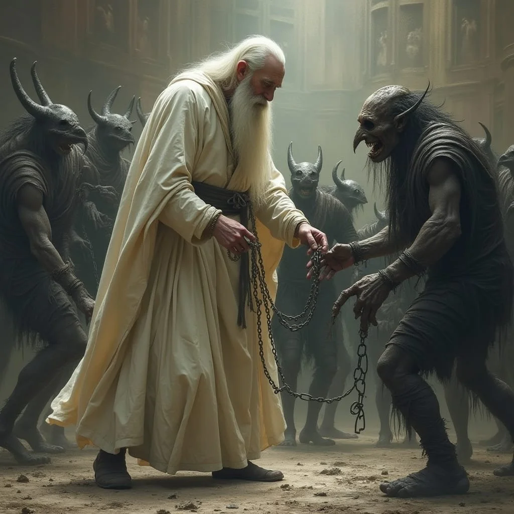 At the palace's entrance both are surrounded by a bunch of devilish creatures pushing Mac and Zoroaster around until they have isolated the old man.
