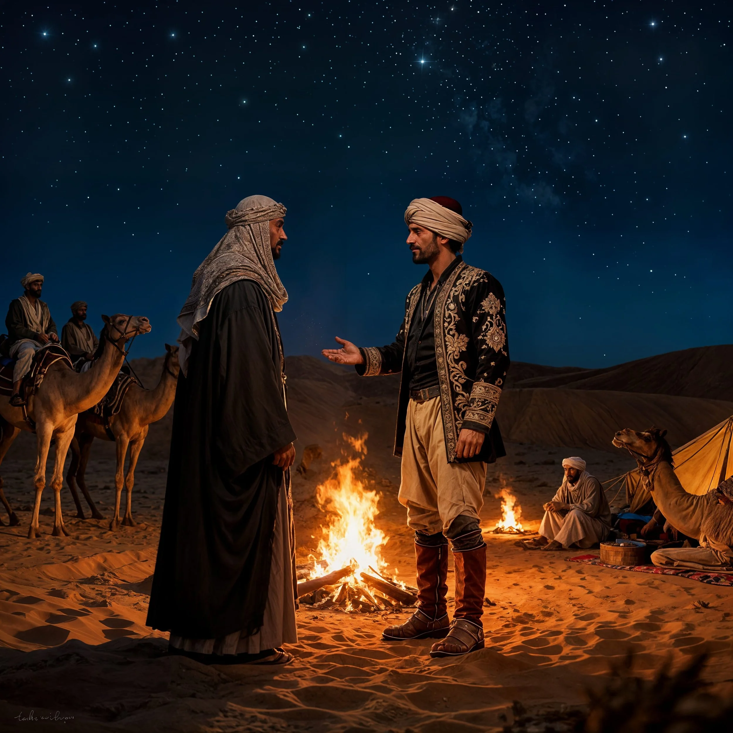 On one of his journeys, Neo got lost in the desert. Fortunately, he encountered a desert dweller in the dark, named Zguzja. Zguzja was a sheik with a small entourage.