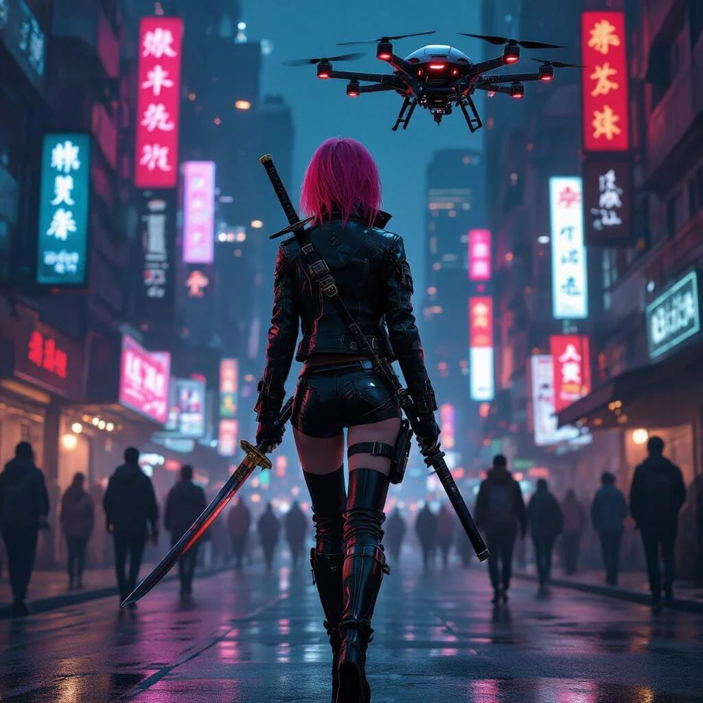 She walks away in a street filled with people. But nobody seems to care. Her sword is dripping with blood when suddenly an unmanned police drone shows up in her back.