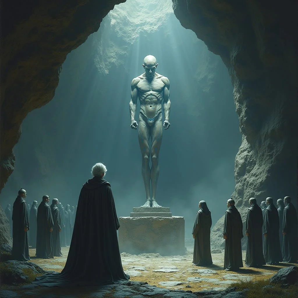 Then on the fourth day during a celebration a statue descends from the heavens in the improvised temple. On its pedestal are written the following three commandments: "This planet is your mother. Therefore: Thou shalt not harm the planet or any of it