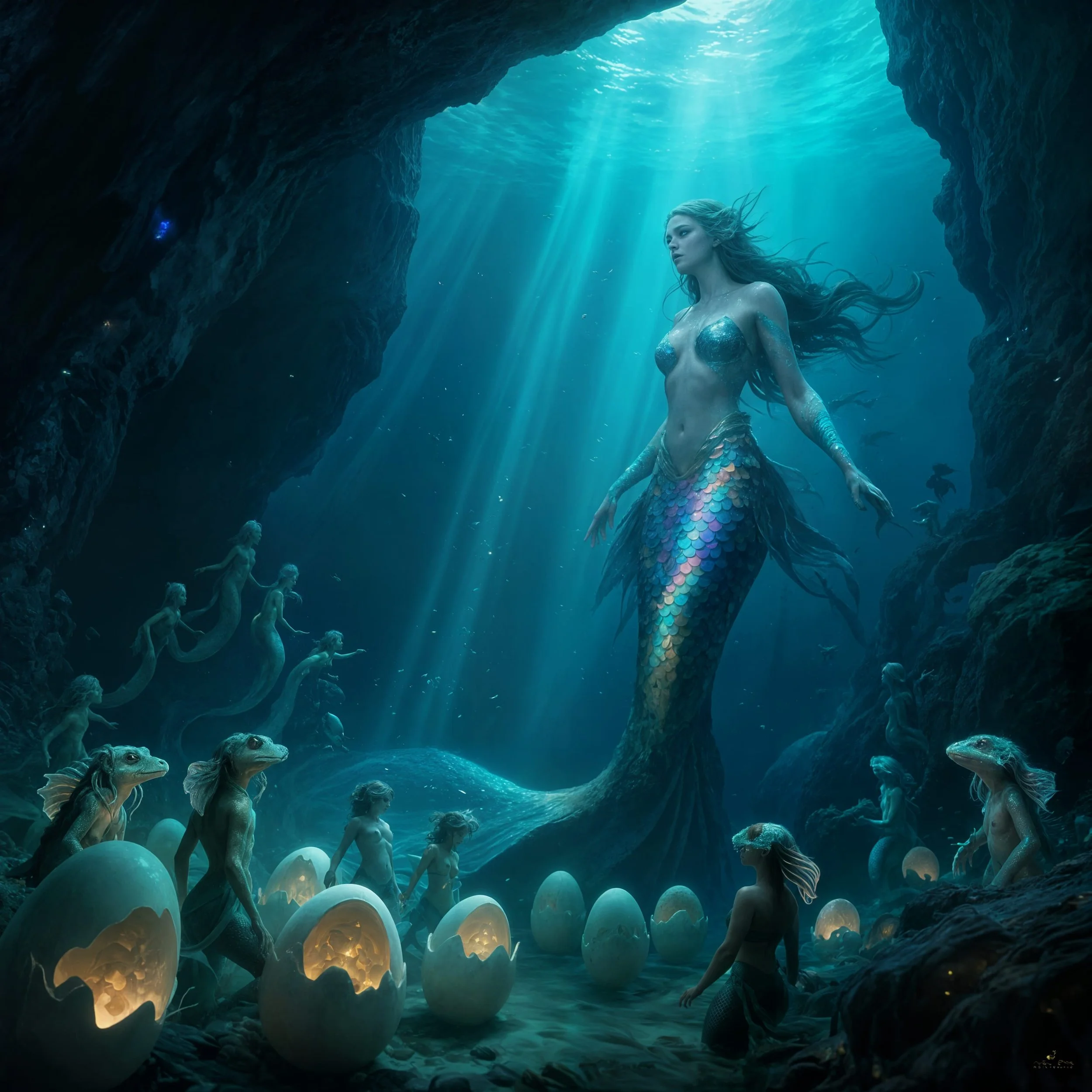 When the eggshells were broken, the queen, who had watched over them all this time, left the secret cave. The female babies followed her to be accepted into the community of mermaids. The male babies would survive on the coral reef until they were si