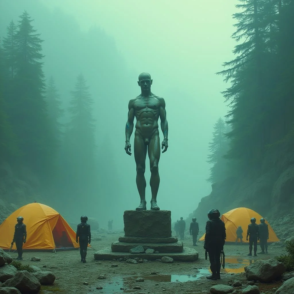 Three days later, in the base camp of the engineers, a statue has been raised in the middle of the camp. On its pedestal is carved "Thou shalt not use technology or science."