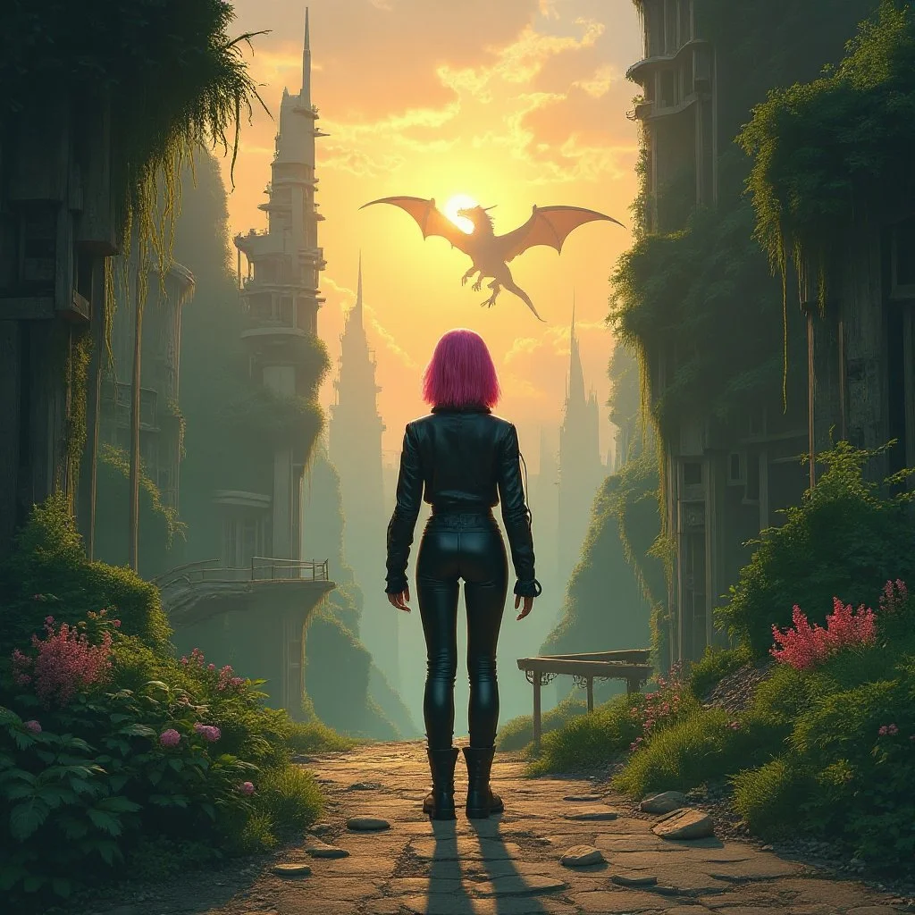 And then, right in front of her up into the sky....a large dragon with the sun in its back, flapping its wings as if they weigh a ton (which they probably do) and defying all physical laws that exist or are still to be invented.