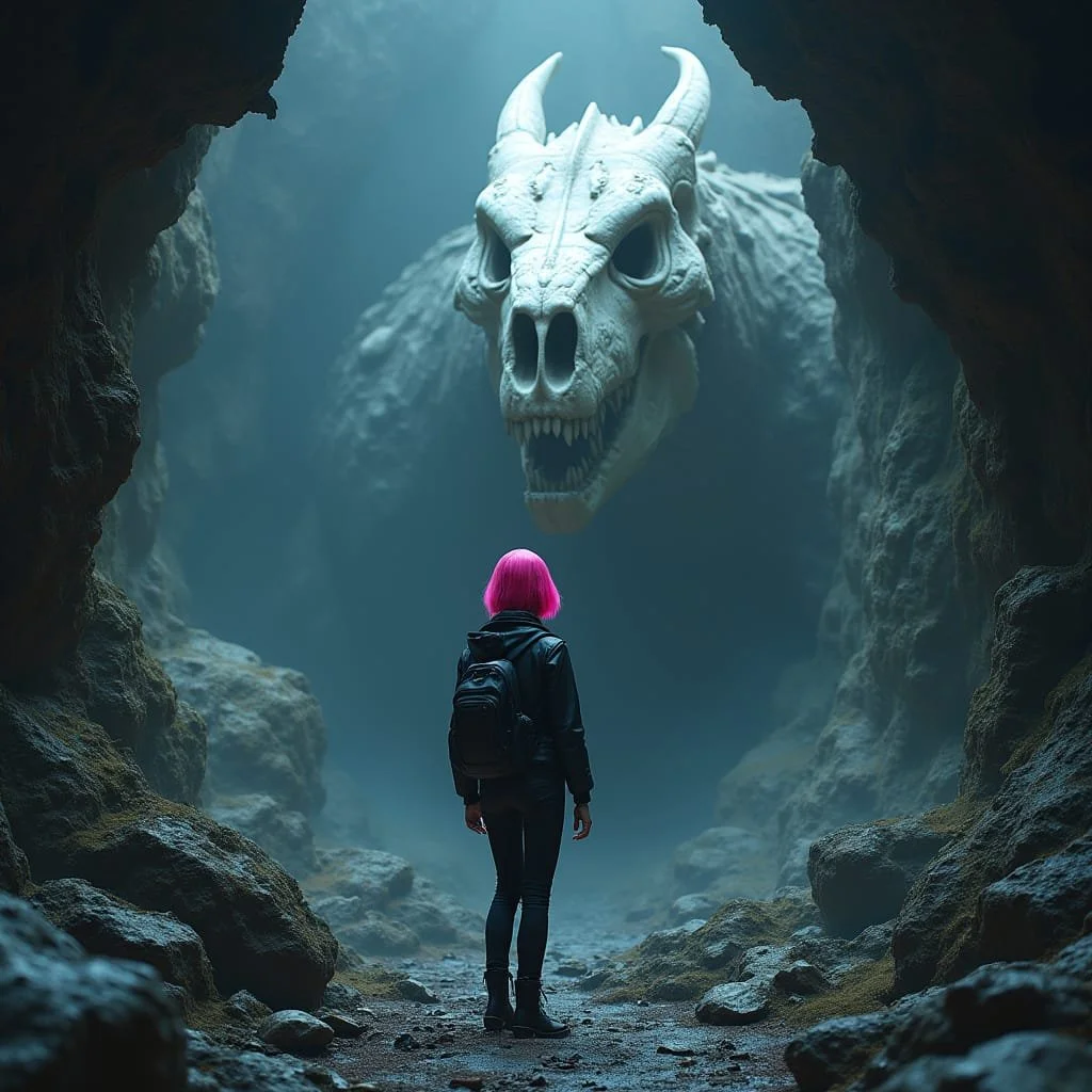 Imagine her amazement however when around the corner is the fully petrified skeleton of an adult dragon. This thing must have been a beast. And it probably got stuck in these small tunnels.