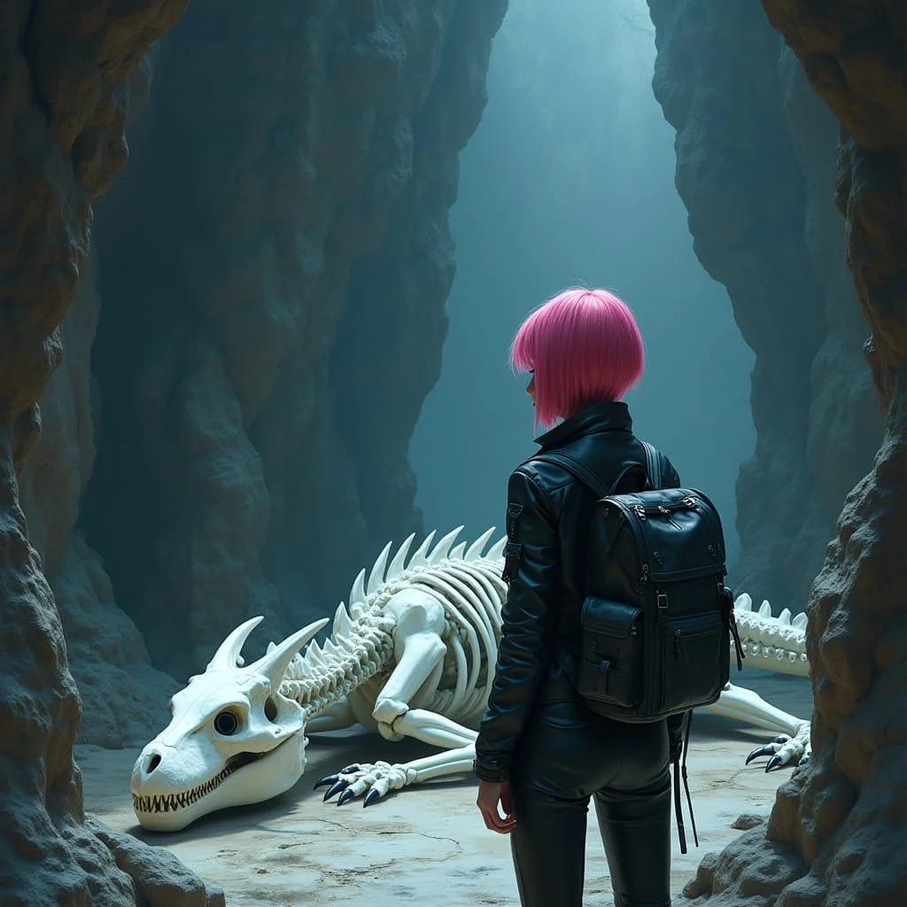 Soon after she enters a new cave Malika finds the skeleton of a small dragon. This must have been still a baby.